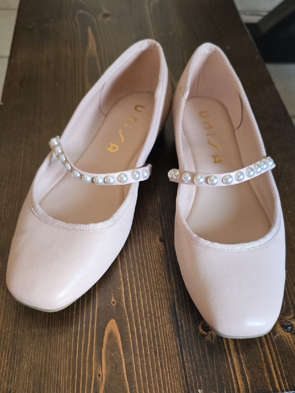 Unisa Pale Pink Pearl-Embellished Mary Jane Flats